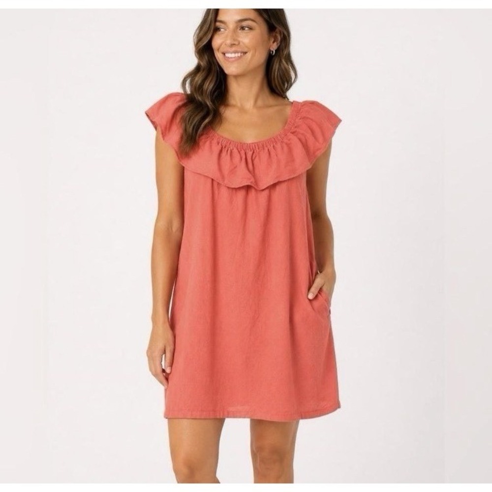 Tommy Bahama St. Lucia Ruffle Linen-Blend Cover-Up Dress Women's Medium Coral‎